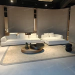 Modern L-Shaped Modular Boucle Sectional Sofa with Inset Marble Side Tables & Rounded Armrest Design